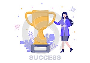 Success Vector Illustration Of Achieving Vision, Goal, Planning, Target, Strategy, Action, Consistency To Success. Landing Page