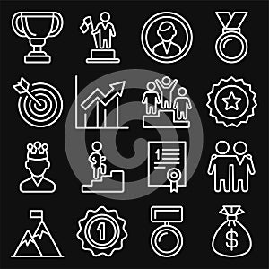 Success and Victory Icons Set on Black Background. Line Style Vector