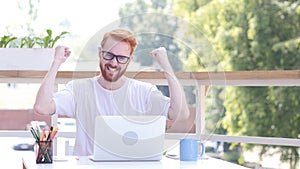 Success, Winning Deal, Excited Man Sitting in Outdoor Office, Red Hairs