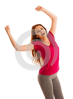 Success - woman gesturing victory with her hands raised in the a