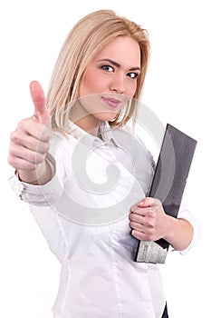 Success woman thumbs up for Agreeing - Stock Image