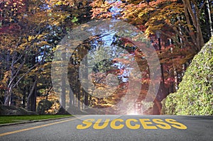 Success word on road surface with autumn season background