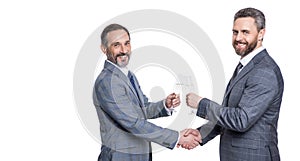 successful agreement in business deal. businessmen dealing isolated on white. partnership concept. celebrate business