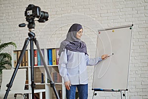 Successful Arabian business woman explaining something on a whiteboard