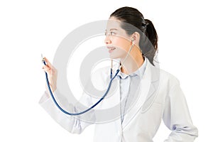 Successful asian woman doctor use stethoscope to auscultation