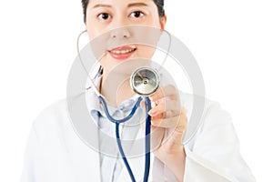 Successful asian woman doctor use stethoscope to auscultation