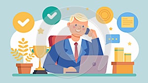 A successful Baby Boomer consultant sits at his desk surrounded by awards and accolades taking a call from a client photo