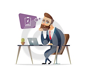 Successful beard businessman character feeling exhausted. Tired manager sitting at working place with computer in office. Business
