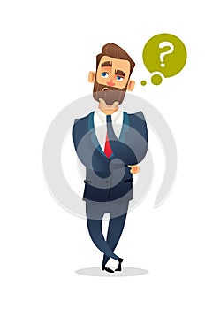 Successful beard businessman character have a question. Business man standing with question mark and thinking. Manager think about