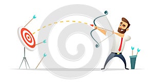 Successful beard businessman character shoots or aiming at the target. Business concept illustration