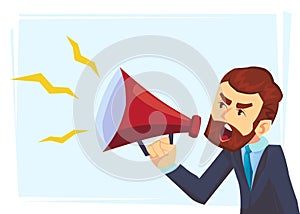 Successful beard businessman character shouting through loud speaker. Leadership speech. Business concept illustration.