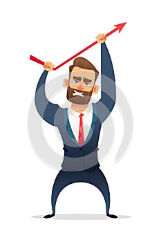 Successful beard businessman character in suit increasing sales. Manager bends up sales curve. Business concept illustration.