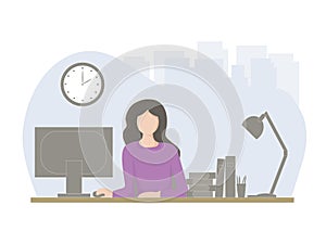 A successful beautiful woman at work. Comfortable workplace with a table, computer and necessary things for business