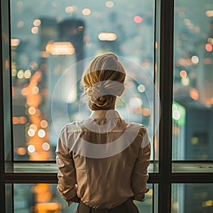 Successful blond businesswoman looking out of big window at city view. Business woman standing alone looking at modern