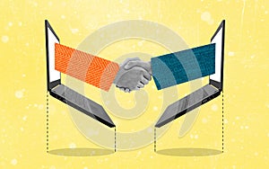 Successful business deal online. Modern art collage of a handshake appearing grom laptop decide on a yellow background photo