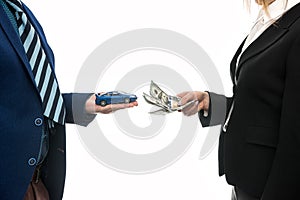 Successful business deal between partners  for auto sales isolated on white background. Dollar. Financial concept