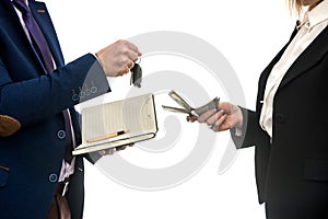 Successful business deal between partners  for auto sales isolated on white background. Dollar. Financial concept