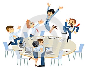Successful business group of people at work in office. Business winners, celebrating victory gesturing, keeping arms