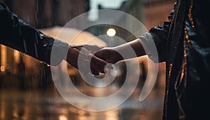 Successful business handshake between two smiling adults in city rain generated by AI