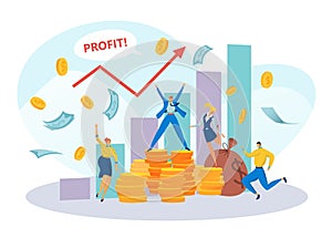 Successful business investment stock profit, tiny business people group together earn money flat vector illustration