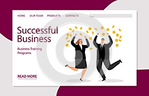 Successful business landing template. Vector business illustration with businesspeople and money