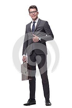 Successful business man with a leather briefcase. isolated on white