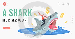 Successful Business Man Shark Landing Page Template. Brave Businessman Riding Huge Dangerous Shark in Ocean