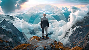 Successful Business man standing on the top of the mountain looking at the view. Business success concept 4k video