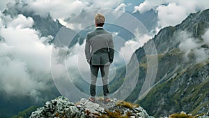 Successful Business man standing on the top of the mountain looking at the view. Business success concept 4k video