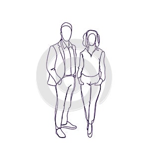 Successful Business Man And Woman Couple Doodle Male And Female Silhouette On White Background