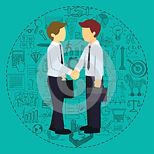 Successful business partners shaking hands with business doodles background.