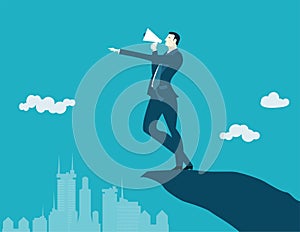 Successful business people speak with megaphone on top of mountain pick and controlling business. Winning and achievement concept