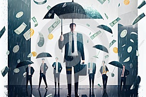 Successful business people with umbrella standing under money rain. People celebrating victory and richness.