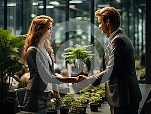 Successful business professionals shaking hands in office