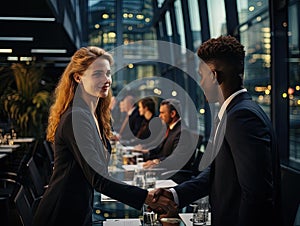 Successful business professionals shaking hands in office