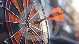 Successful business red dart hits bullseye symbolizing investment goal and opportunity challenge