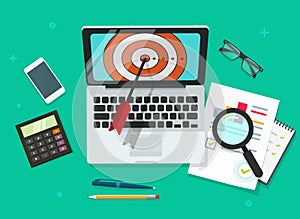 Successful Business target achievement vector illustration, laptop with aim and analysing financial data