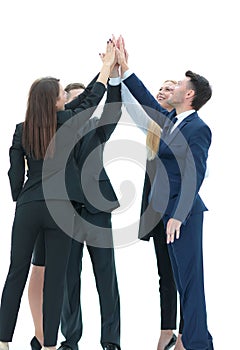 Successful business team giving a high fives gesture as they lau