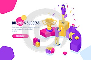 Successful business team work isometric, people achieve success, triumph, leader and leadership concept. Flat color