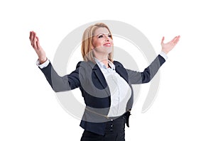 Successful business woman holding arms open wide