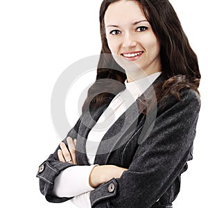 Successful business woman looking confident and smiling. Isolated over white background