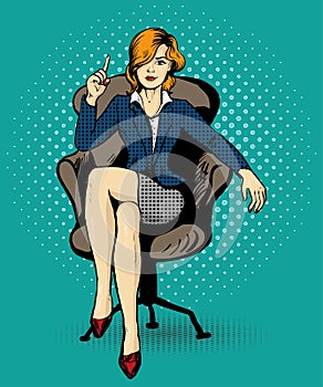 Successful business woman sit in chair vector illustration in comic pop art style