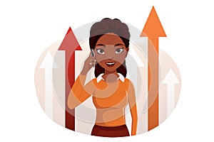Successful business woman talking smartphone Leader with arrow up go to success in career. Vector illustration