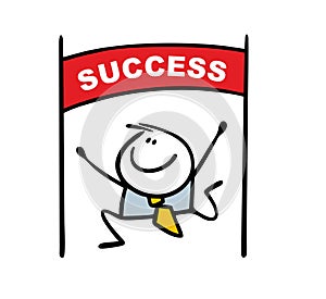 Successful businessman achieved success, ran first to the finish line. Vector illustration of a financial race and a