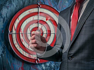 Successful businessman aiming for the target with a dart in hand