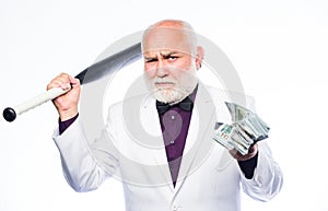 Successful businessman. Brutal business life. Racket and raiding. Kingpin concept. Black cash money. Senior man hold photo