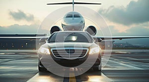 Successful businessman car in front of private airplane ready for luxury business corporate travel