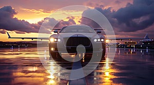 Successful businessman car in front of private airplane ready for luxury business corporate travel