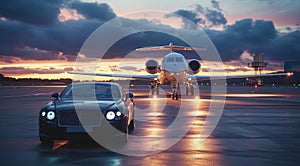 Successful businessman car in front of private airplane ready for luxury business corporate travel