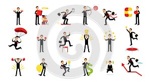 Successful Businessman Character in Black Suit Engaged in Different Activity Vector Big Set